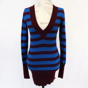 C&C California 2-Ply 100% Cashmere Knit Brown/Blue V-Neck Tunic Sweater Small